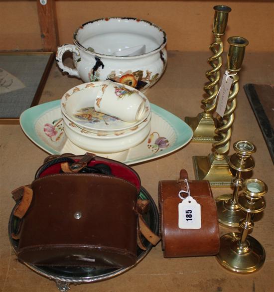 Silver brushes, binoculars, brass candlesticks & mixed ceramics etc